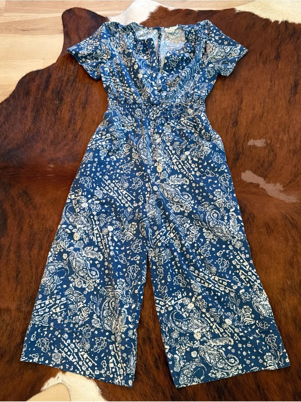 Anthropologie Blue Paisley Short-Sleeve Wide-Leg Jumpsuit - Picture 1 of 4